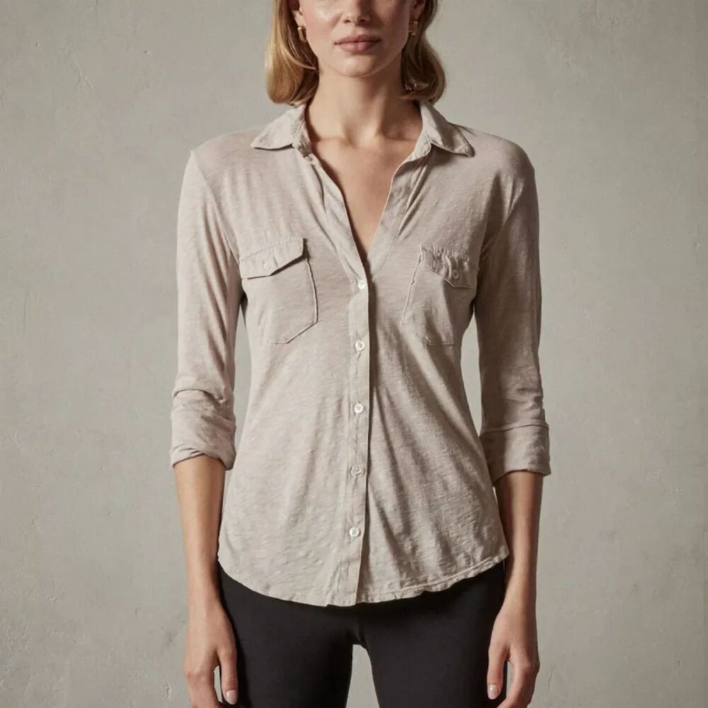 James Perse Slub Knit Button Front Shirt Blouse Beige Roll Tab Sleeve Size XS
